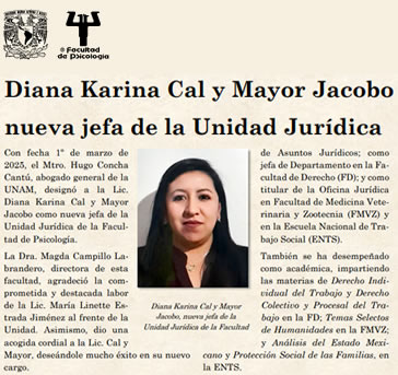 Diana Karina Cal y Mayor Jacobo, nueva jefa de la Unidad Jurídica